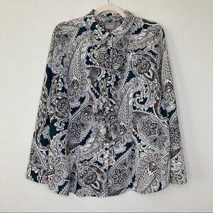 Chico’s Size Large Paisley Ruffled Front Button Down Top